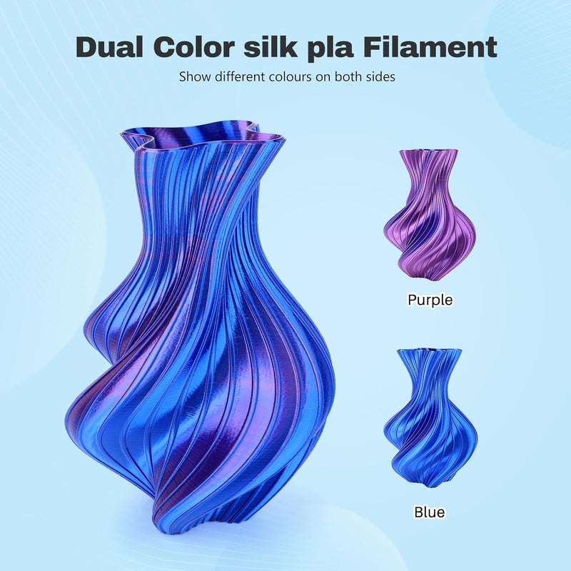 3DHoJor Silk PLA Filament 1.75mm Blue Purple Dual Color PLA 3D Printer Filament 2 in 1 Coextrusion 1KG Spool(2.2lbs) 3D Printing Filament Dimensional Accuracy +/- 0.03mm Fits for Most FDM 3D Printers - Image 2